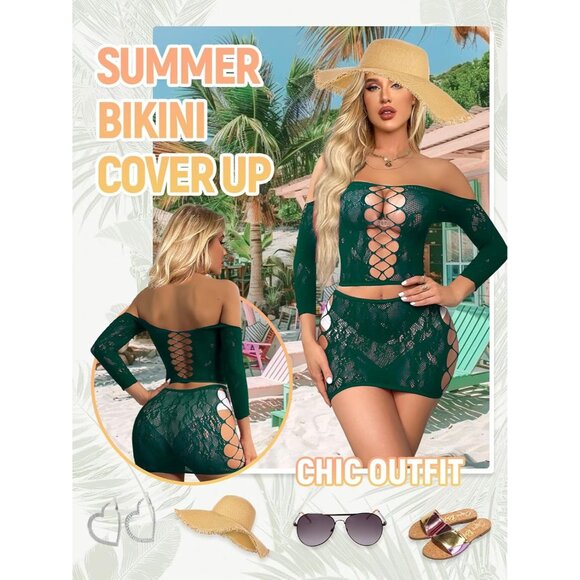 Green Women’s Sexy Fishnet Lingerie Set Babydoll Bodysuit Nightwear Outfit - Picture 3 of 6